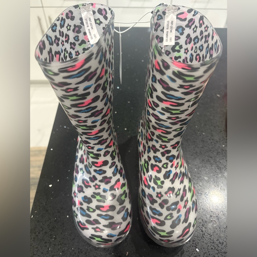 Girls Multicolor Leopard Print Rain Boots, Size 1, Capelli, NWT